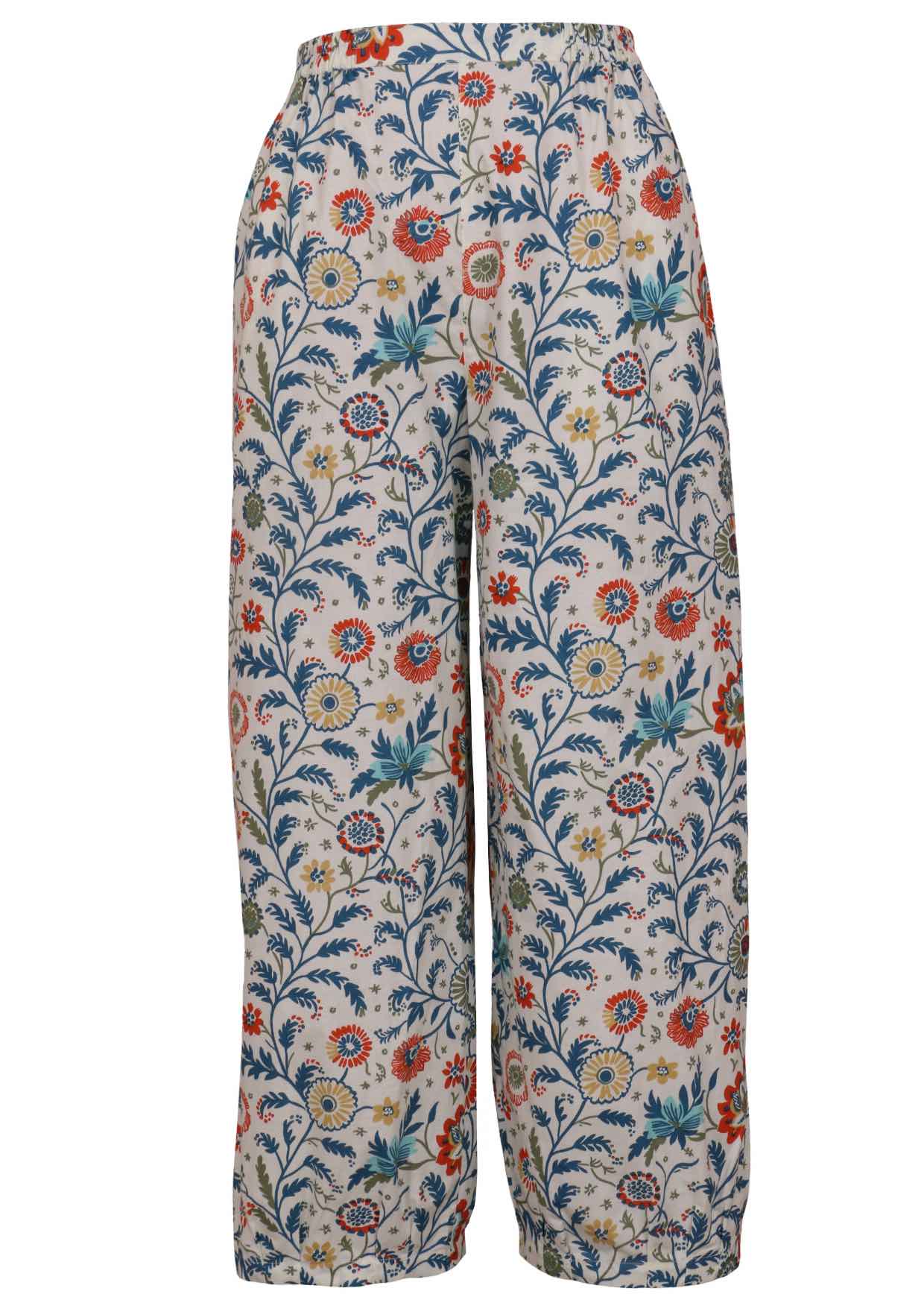 100% cotton boho style wide leg pants with high elasticated waist and pleated ankles ghost mannequin image