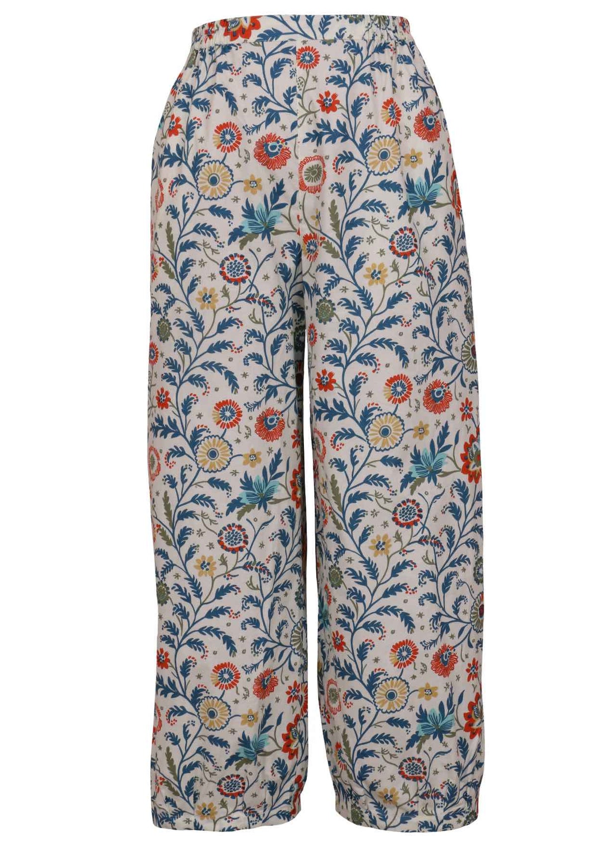 100% cotton boho style wide leg pants with high elasticated waist and pleated ankles ghost mannequin image