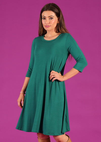 Half Sleeve Jersey Dress round neckline 3/4 sleeve loose a-line fit knee length soft stretch rayon jade green | Karma East Australia