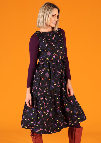 Woman in Harper Dress Astro 100% cotton space print sleeveless 3 tiered dress with pockets