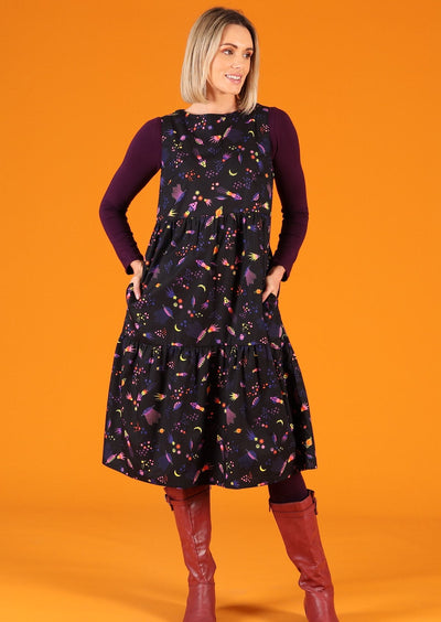 Model in sleeveless tiered dress with pockets
