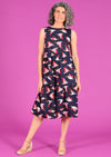 woman wearing 100% cotton pelican print dress
