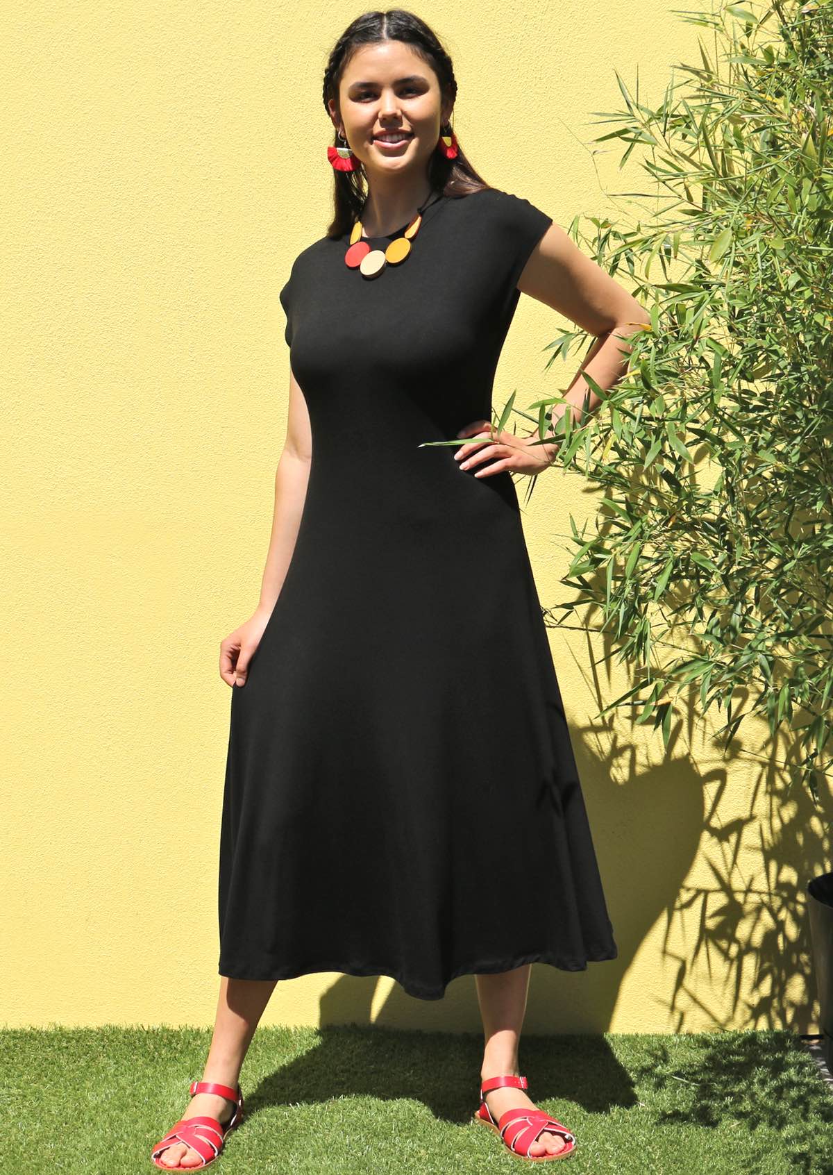 Short Sleeve A-line Midi Soft Stretch Rayon Dress Black | Karma East Australia