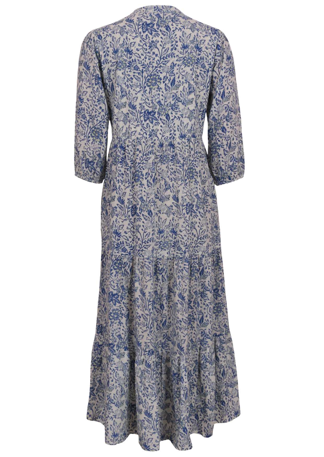 White based blue floral print long cotton dress with 3/4th sleeve.