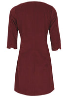 Back view of cabernet red cotton corduroy women's dress with 3/4 sleeves with cuff details