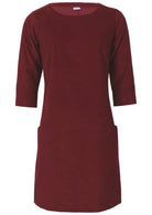 Cabernet red cotton corduroy women's dress with 3/4 sleeves and pockets