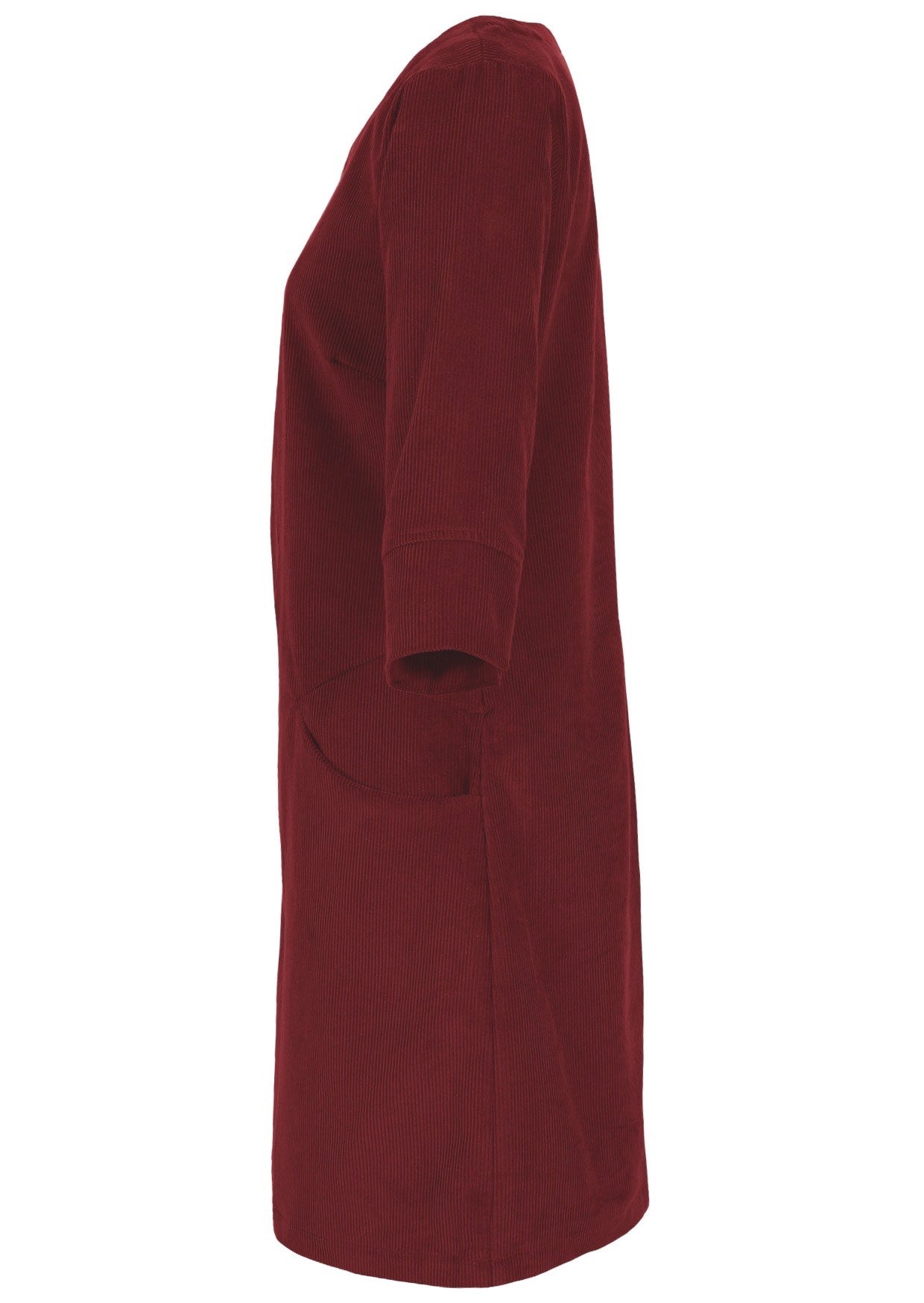 Side view of cabernet red cotton corduroy women's dress with 3/4 sleeves, pockets and a side zip