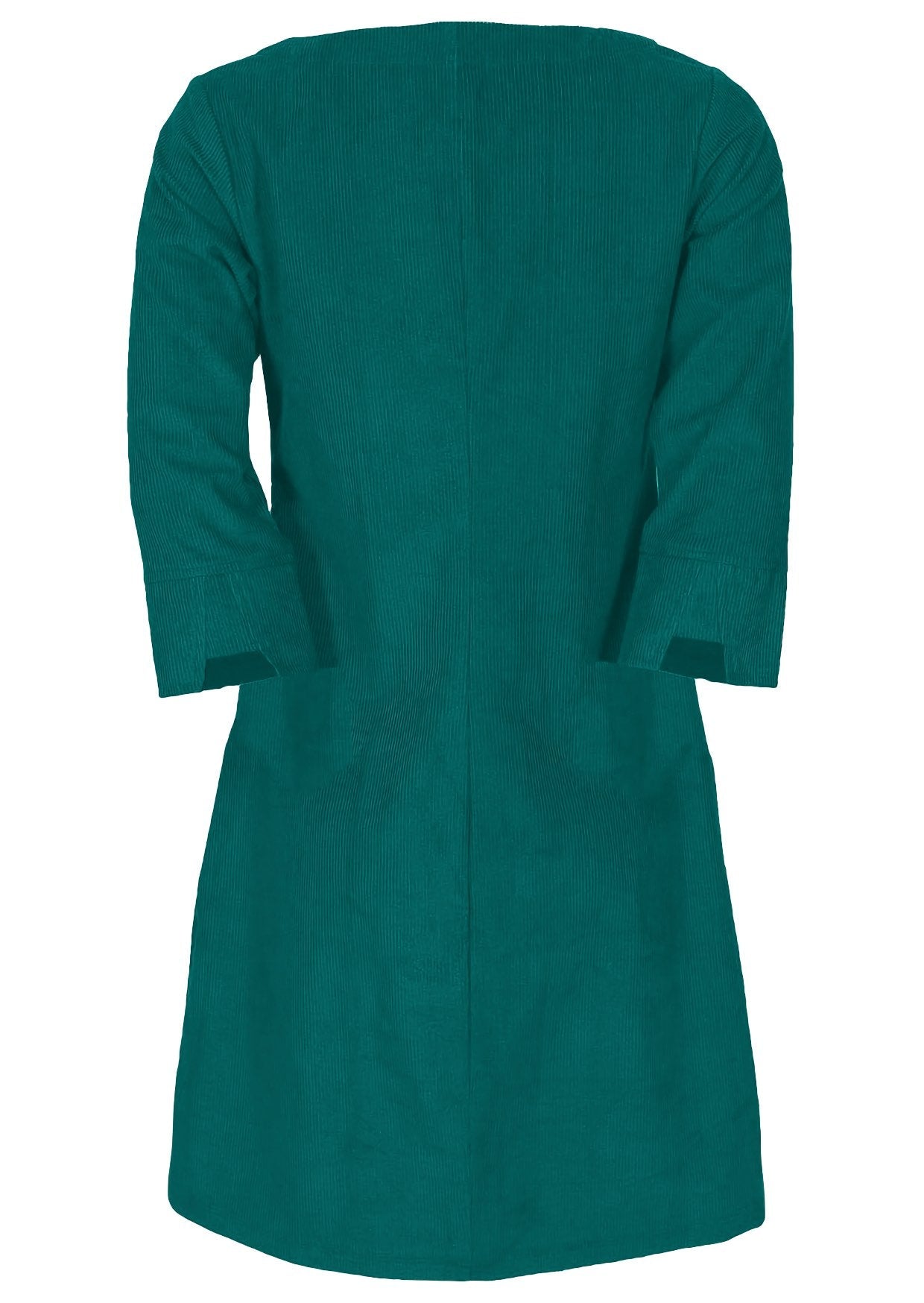 Back photo of teal corduroy A-line dress with 3/4 sleeves with detailed cuff