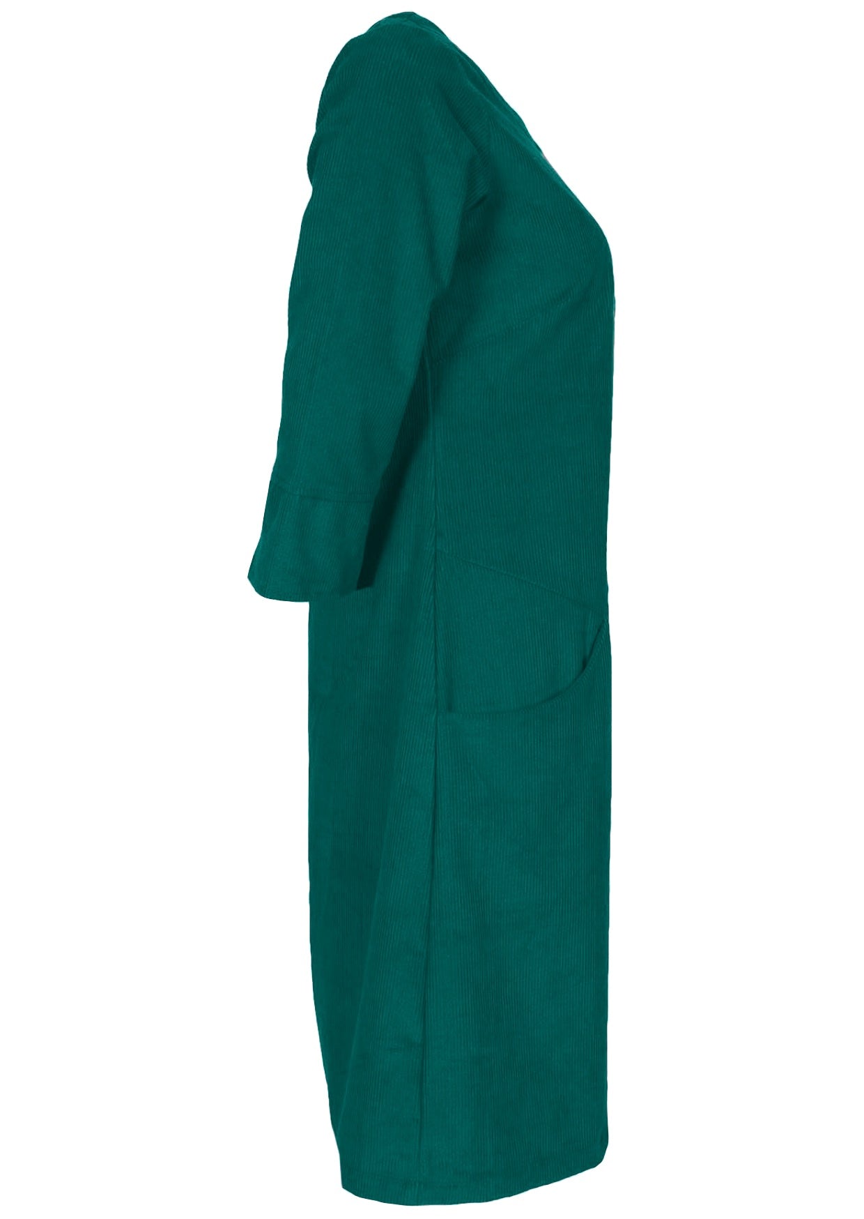 Side view teal corduroy A-line dress with 3/4 sleeves and pockets