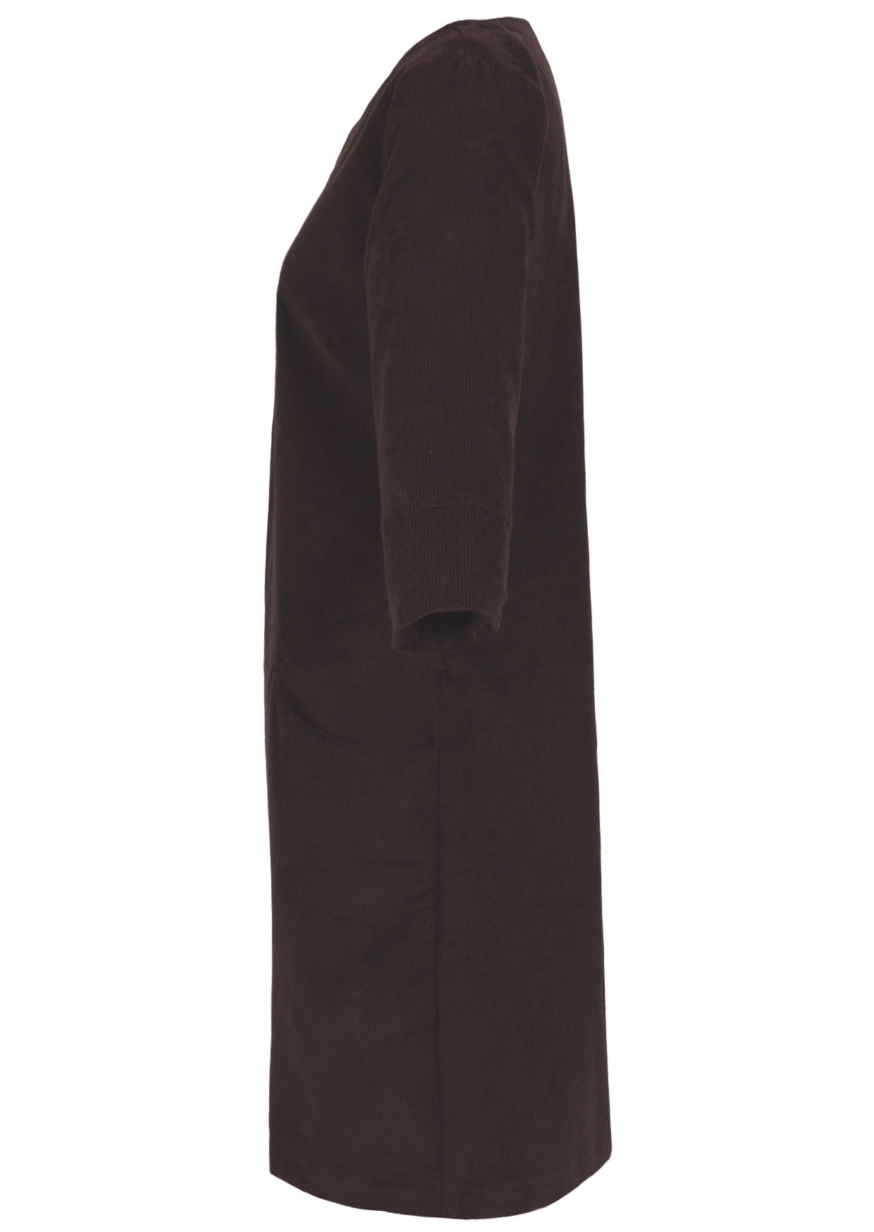Side view chocolate brown cotton cord women's 3/4 sleeve dress