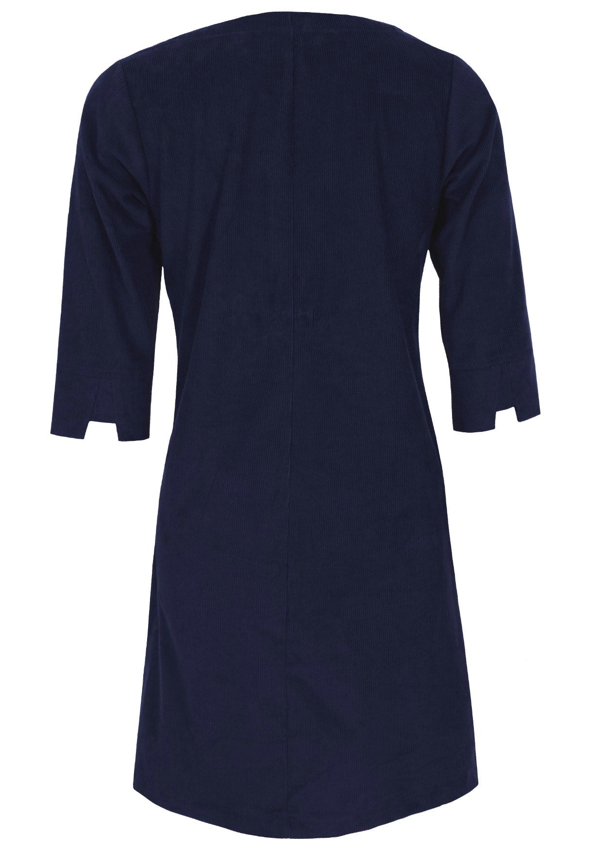 Back view of cotton corduroy dress with 3/4 sleeves with a cuff detail