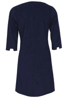 Back view of cotton corduroy dress with 3/4 sleeves with a cuff detail