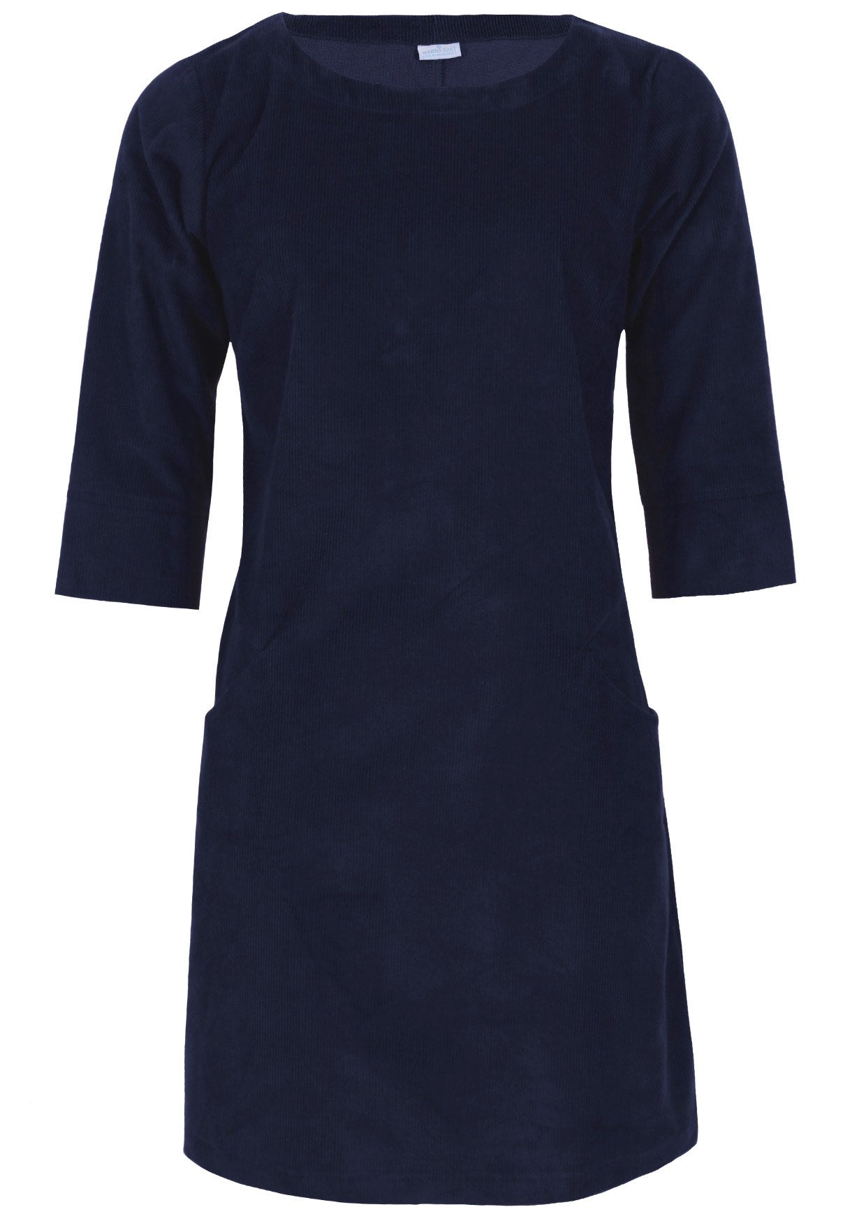 Navy blue cotton corduroy dress with three-quarter sleeves and pockets