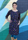 Model inJamie Dress cotton space themed print tunic with pockets