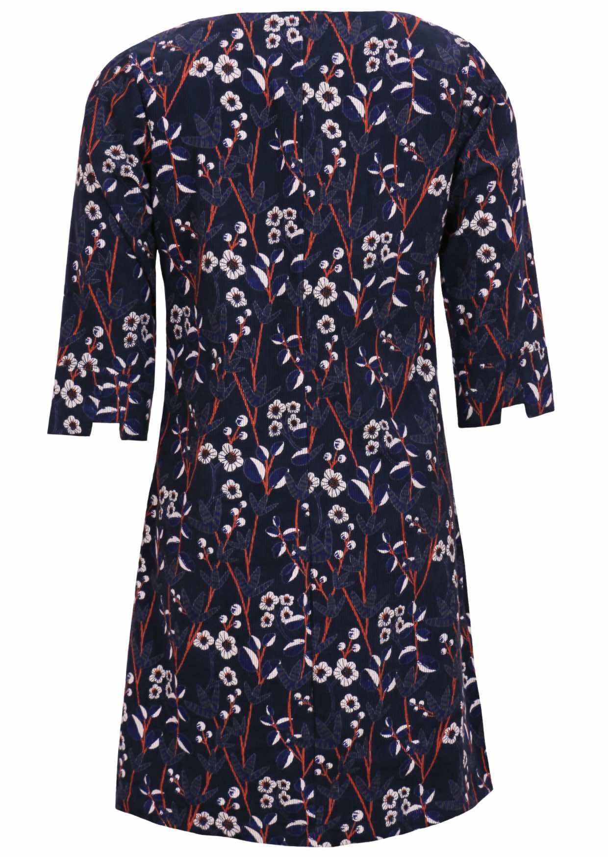 3/4 sleeve with detailed cuff, corduroy above knee length dress in retro floral print, with pockets