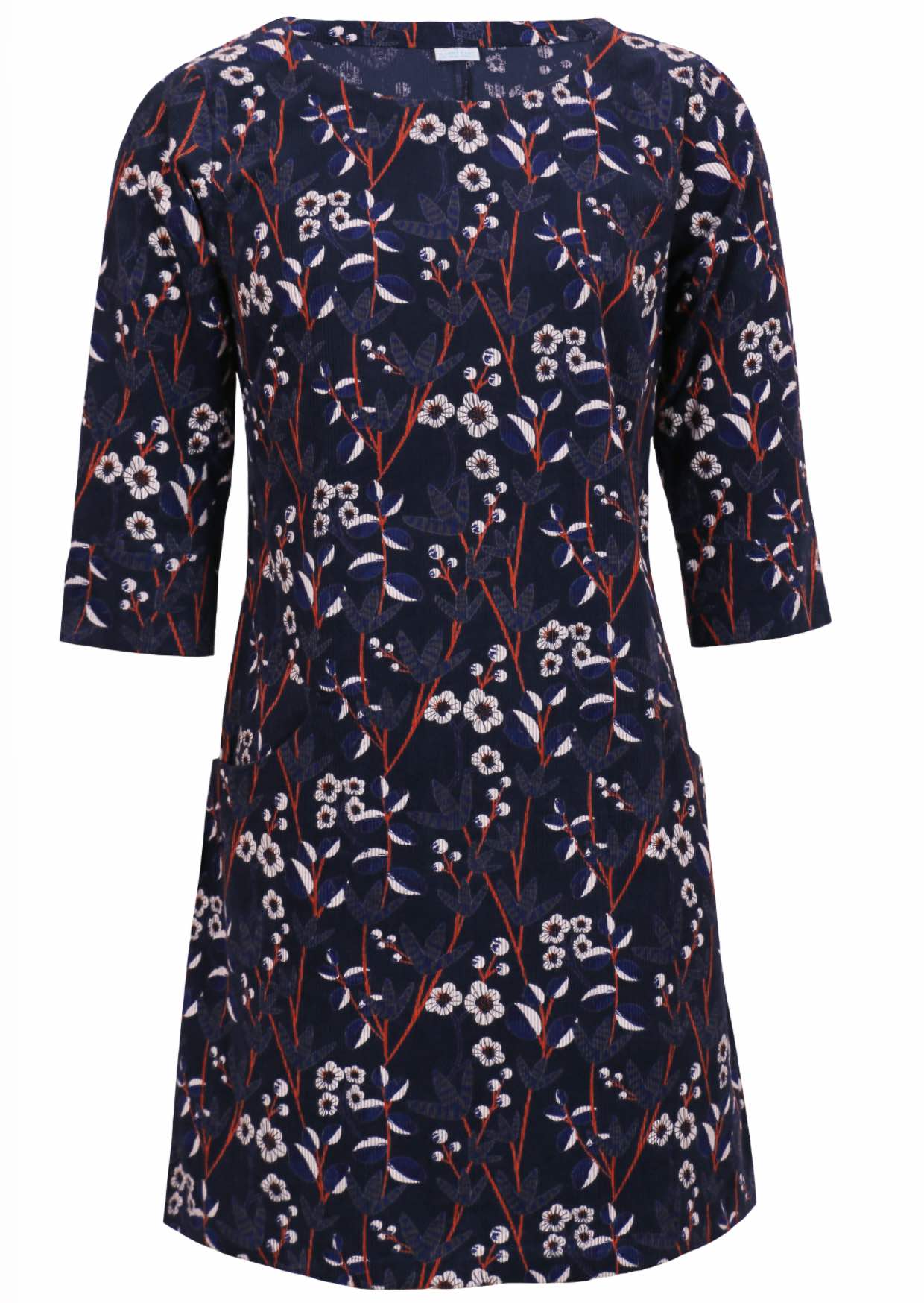 3/4 sleeve, round neck corduroy above knee length dress in retro floral print, with pockets
