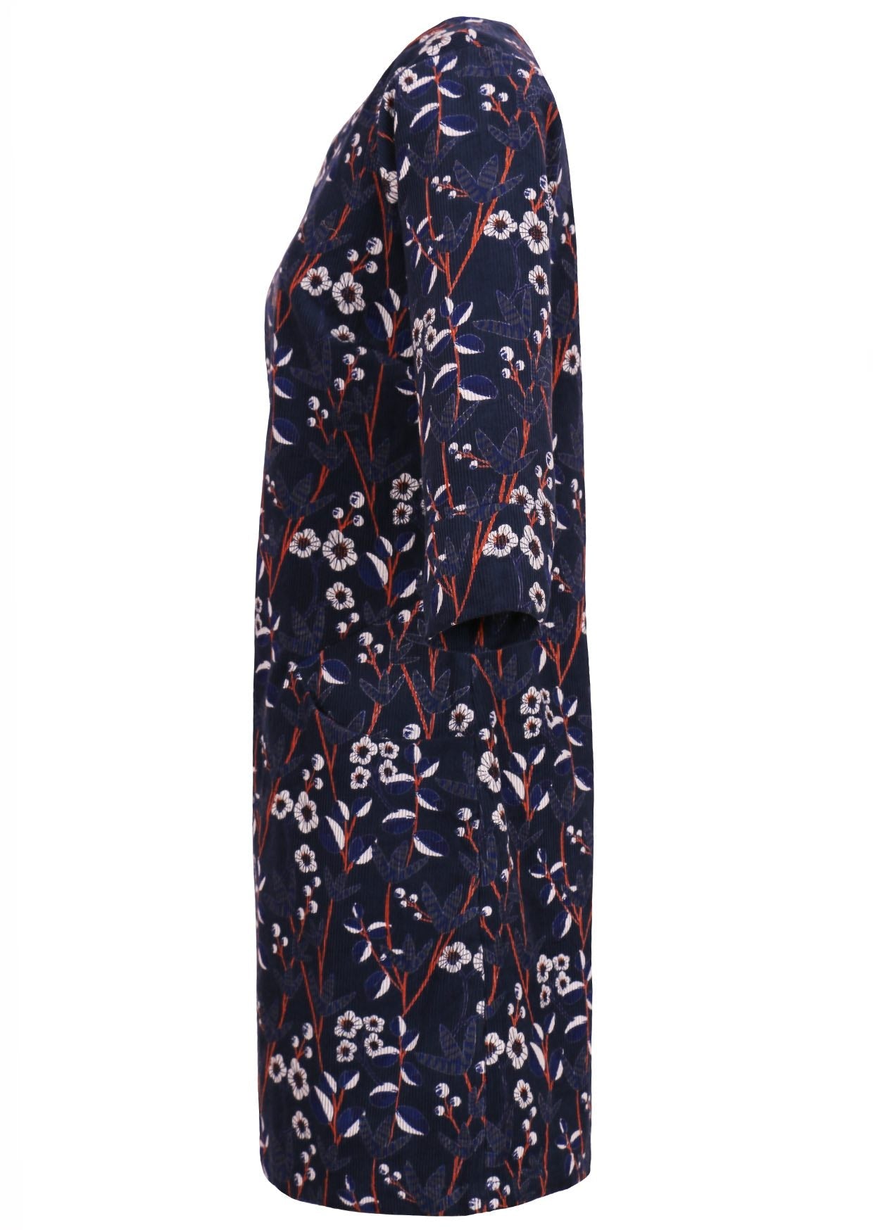3/4 sleeve corduroy above knee length dress in retro floral print, with pockets