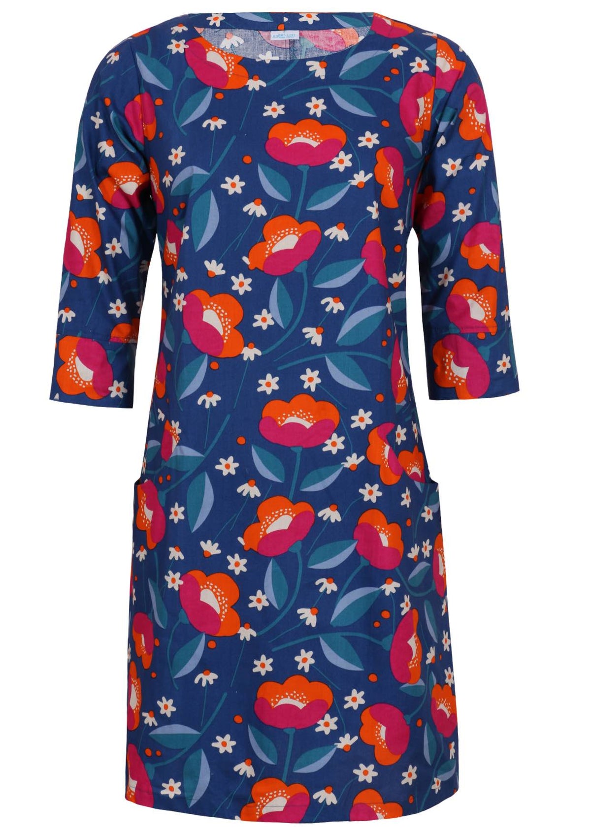 Navy based floral print cotton knee length dress with 3/4 sleeves, round neckline and pockets
