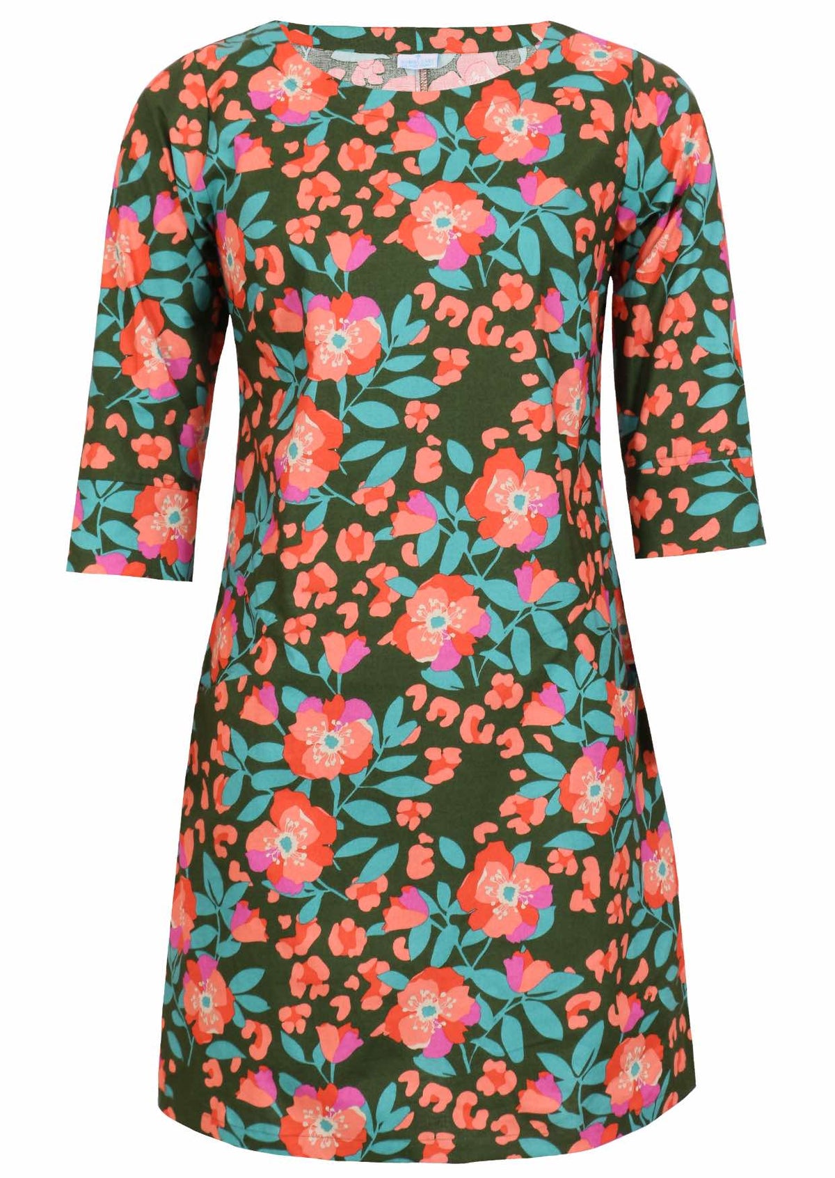 Olive green based floral print cotton knee length dress with 3/4 sleeves, round neckline and pockets