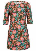 Olive green based floral print cotton knee length dress with 3/4 sleeves, round neckline and pockets