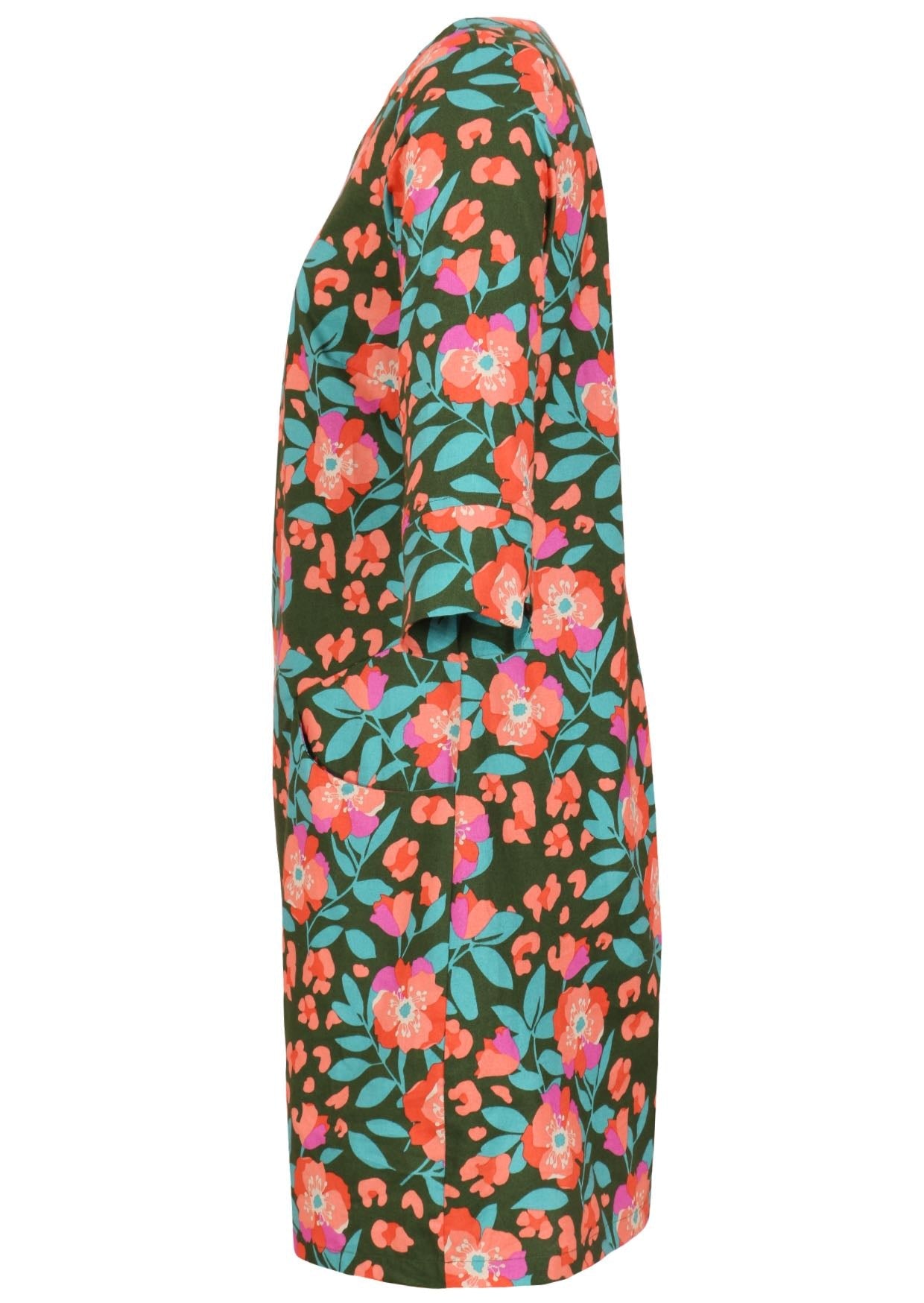 Olive green based floral print cotton knee length dress with 3/4 sleeves and pockets