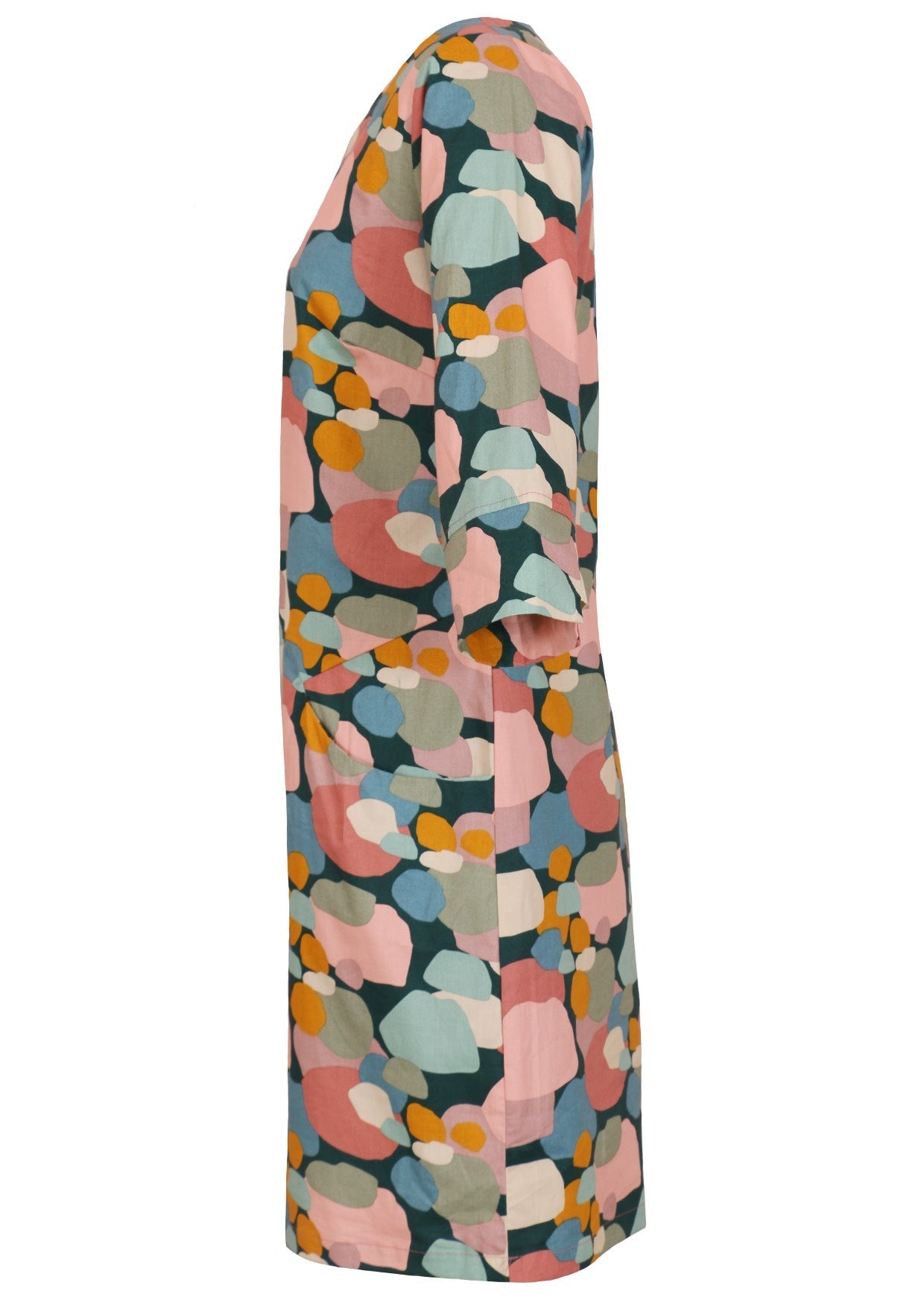 Pastel spotty print cotton knee length dress with 3/4 sleeves and pockets