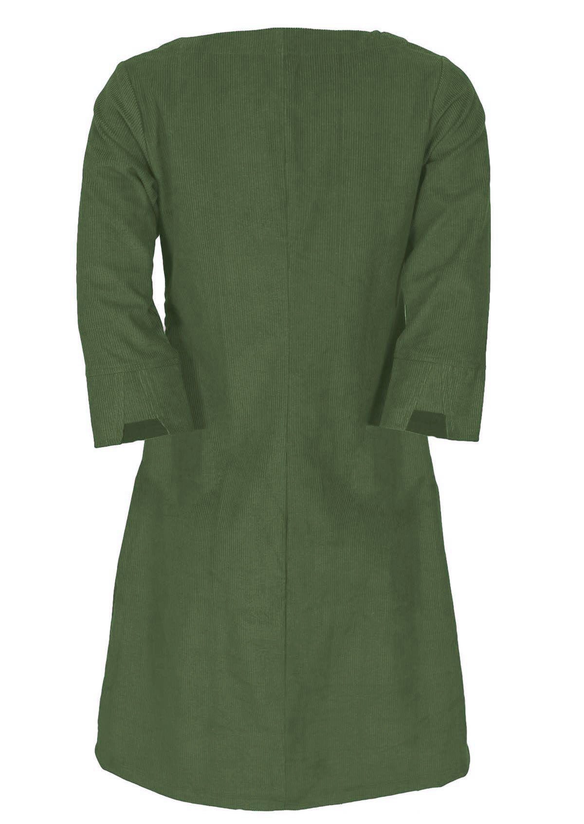 Back  photo of green corduroy A-line dress with 3/4 sleeves with detailed cuff