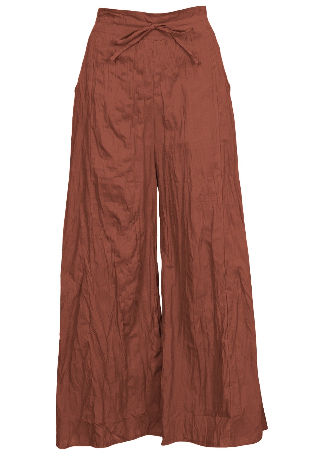 100% cotton rust wide-leg pants with a waist tie and pockets