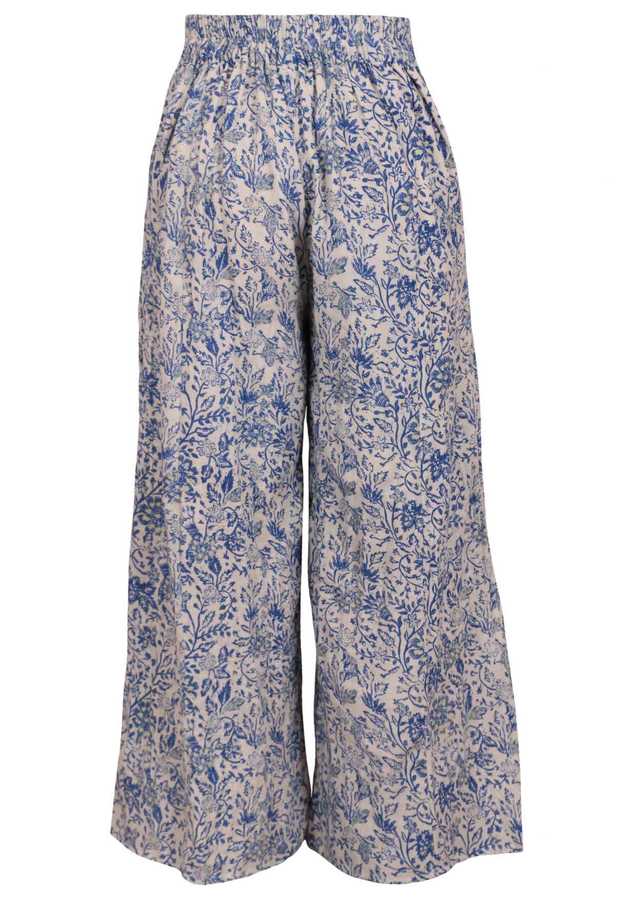 White based blue floral print cotton pant with elasticised back waistband.