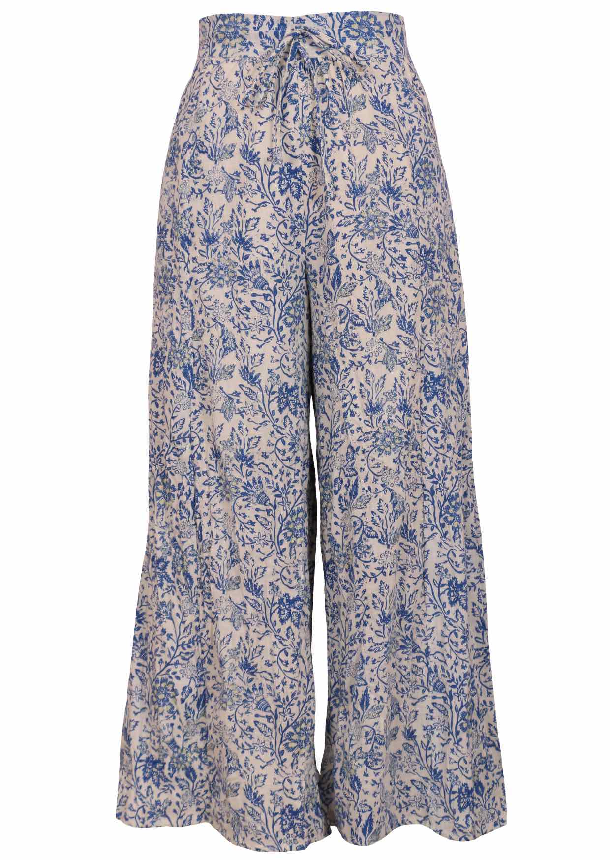 White based blue floral print cotton pant with drawstring.