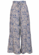 White based blue floral print cotton pant with drawstring.