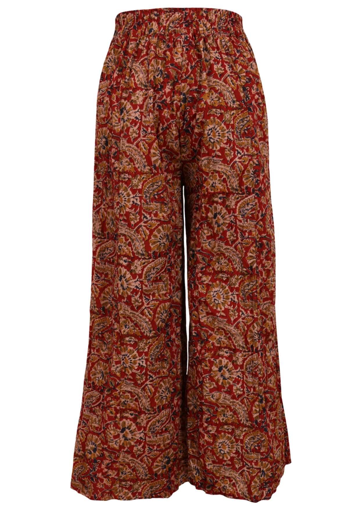 100% cotton floral printed wide leg cotton pants with pockets and elastic waist at the back.