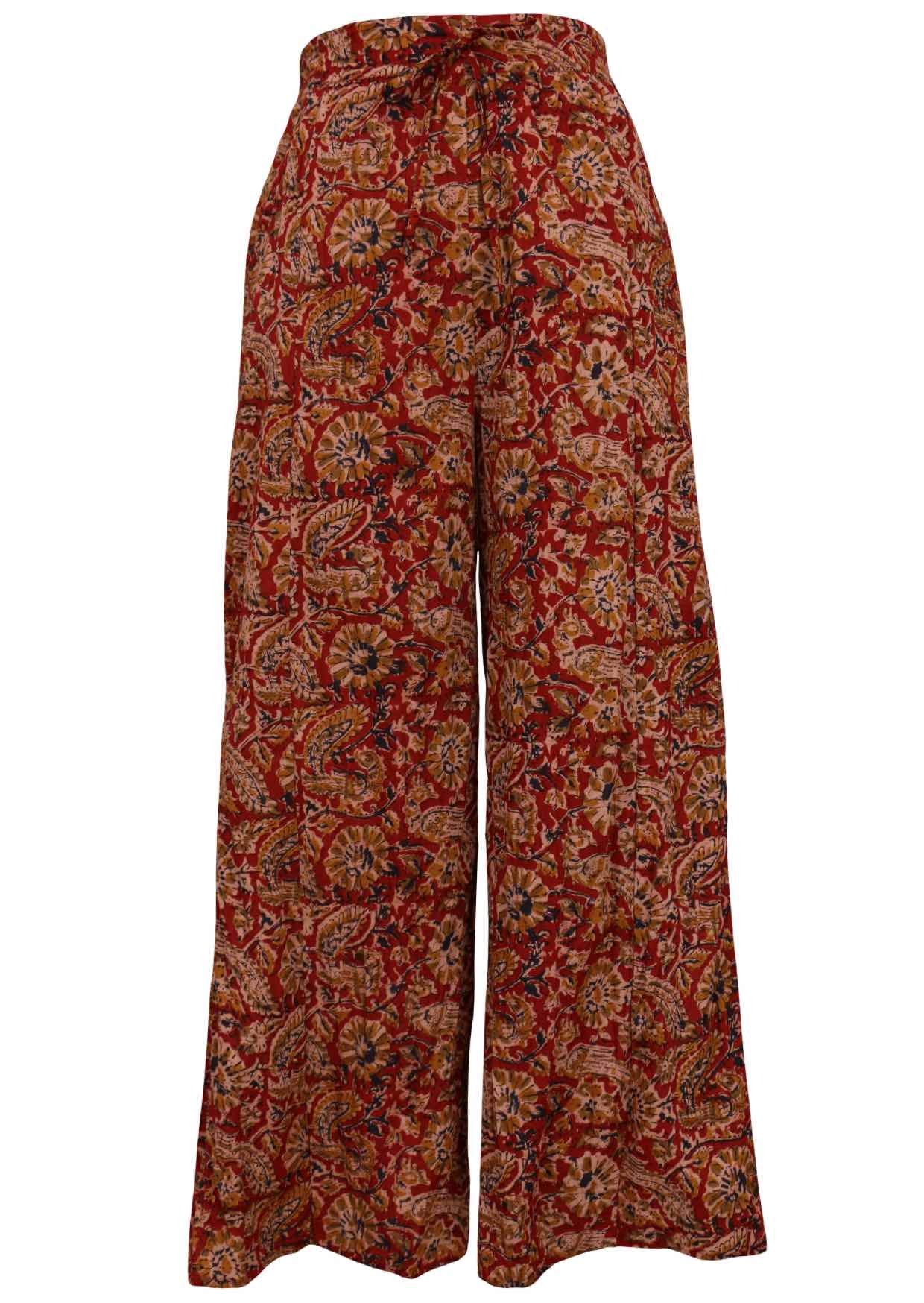 100% cotton wide leg pants with drawstring and pockets in delicate indian floral print.