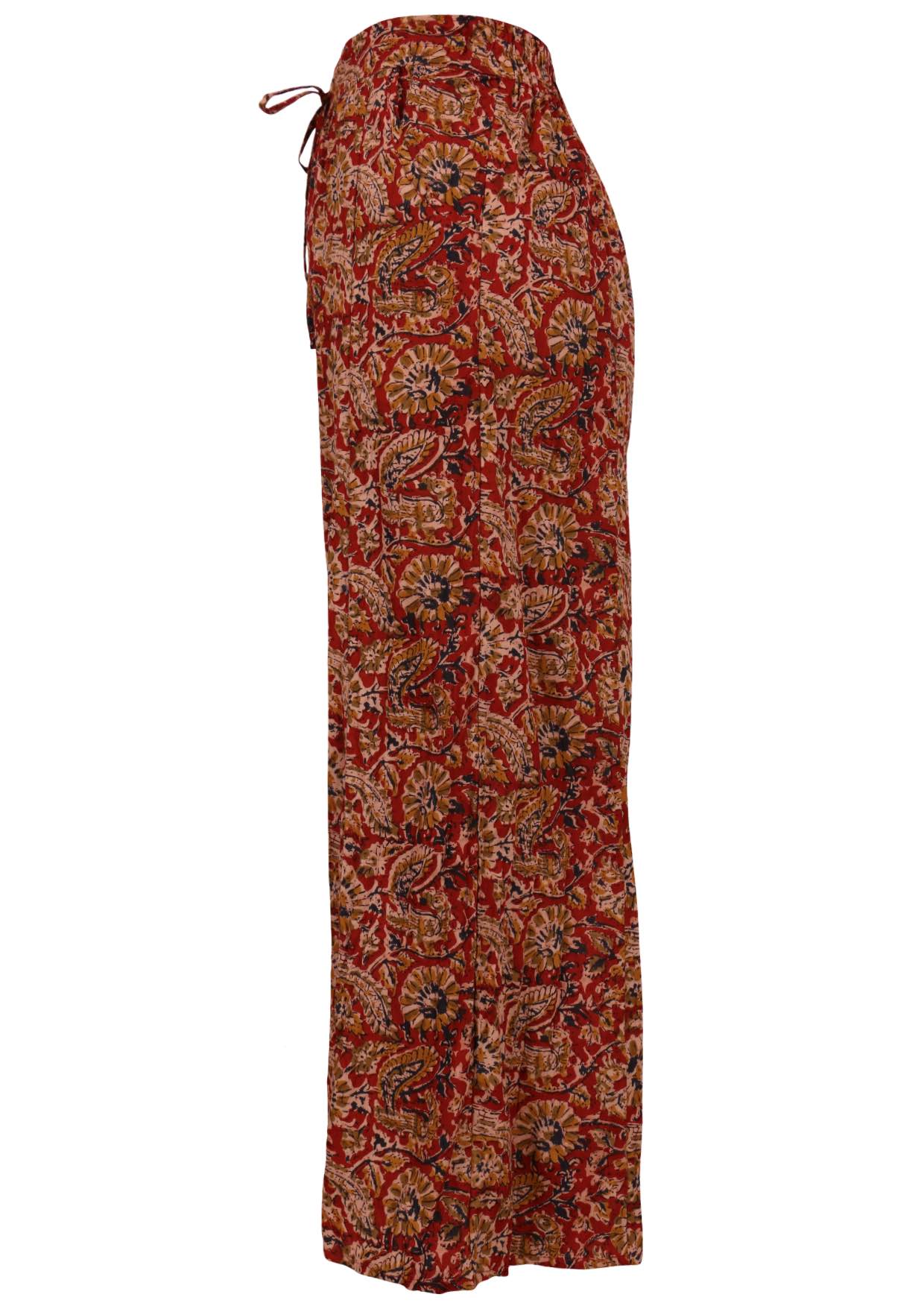 Side image of lightweight cotton pants with drawstring and elasticated waist at the back.