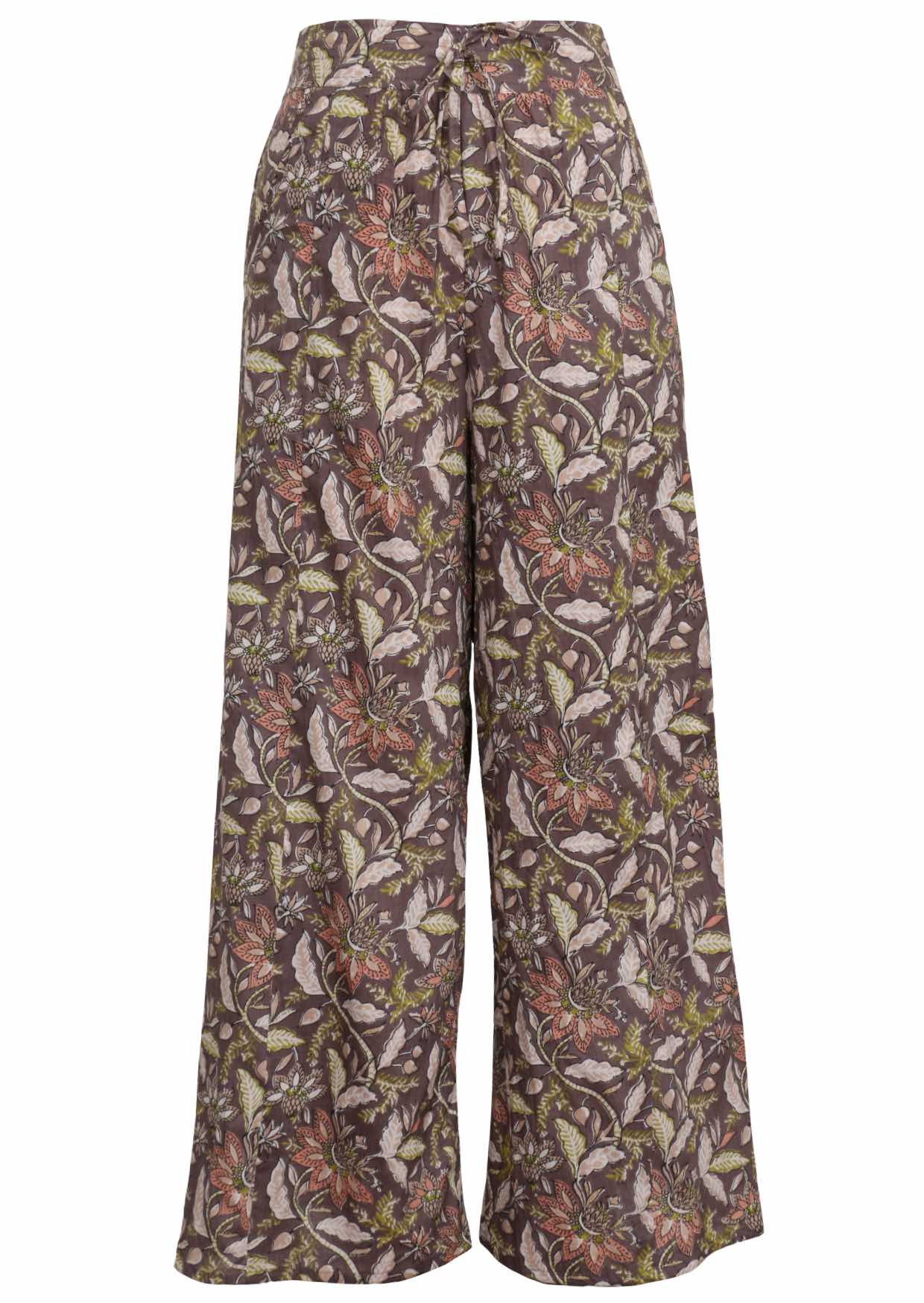 Cotton wide leg pants taupe based floral print, with drawstring and pockets