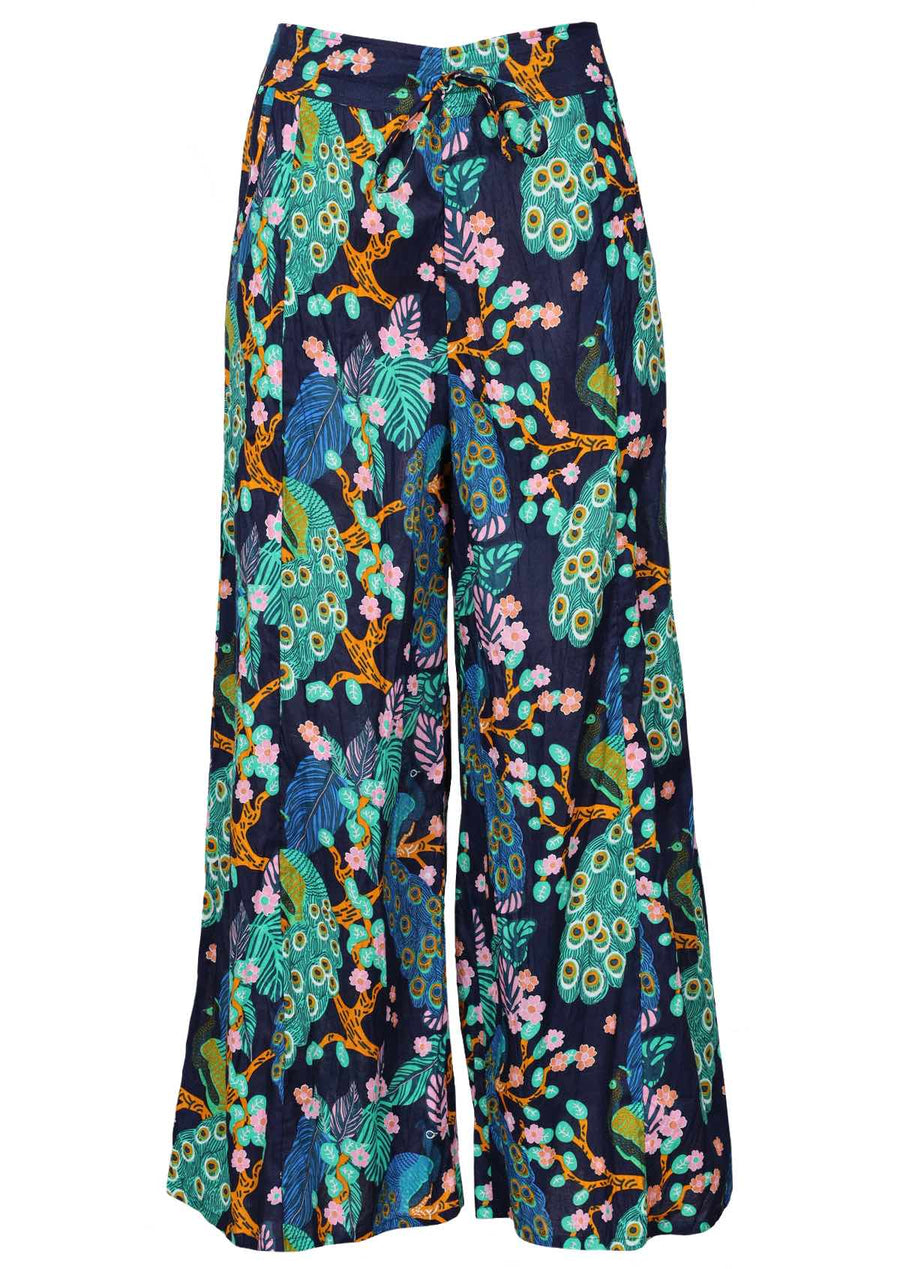 Janis Pants Peacock 100% cotton lightweight blue green peacock print on  navy base wide leg pants with pockets | Karma East Australia