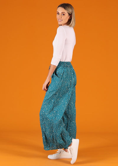 lightweight cotton teal polkadot print pants