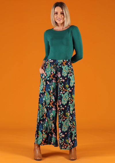 cotton peacock print wide leg pants with pockets
