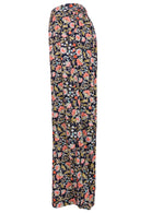 Side mannequin photo of multi coloured floral rayon wide leg pants with pockets