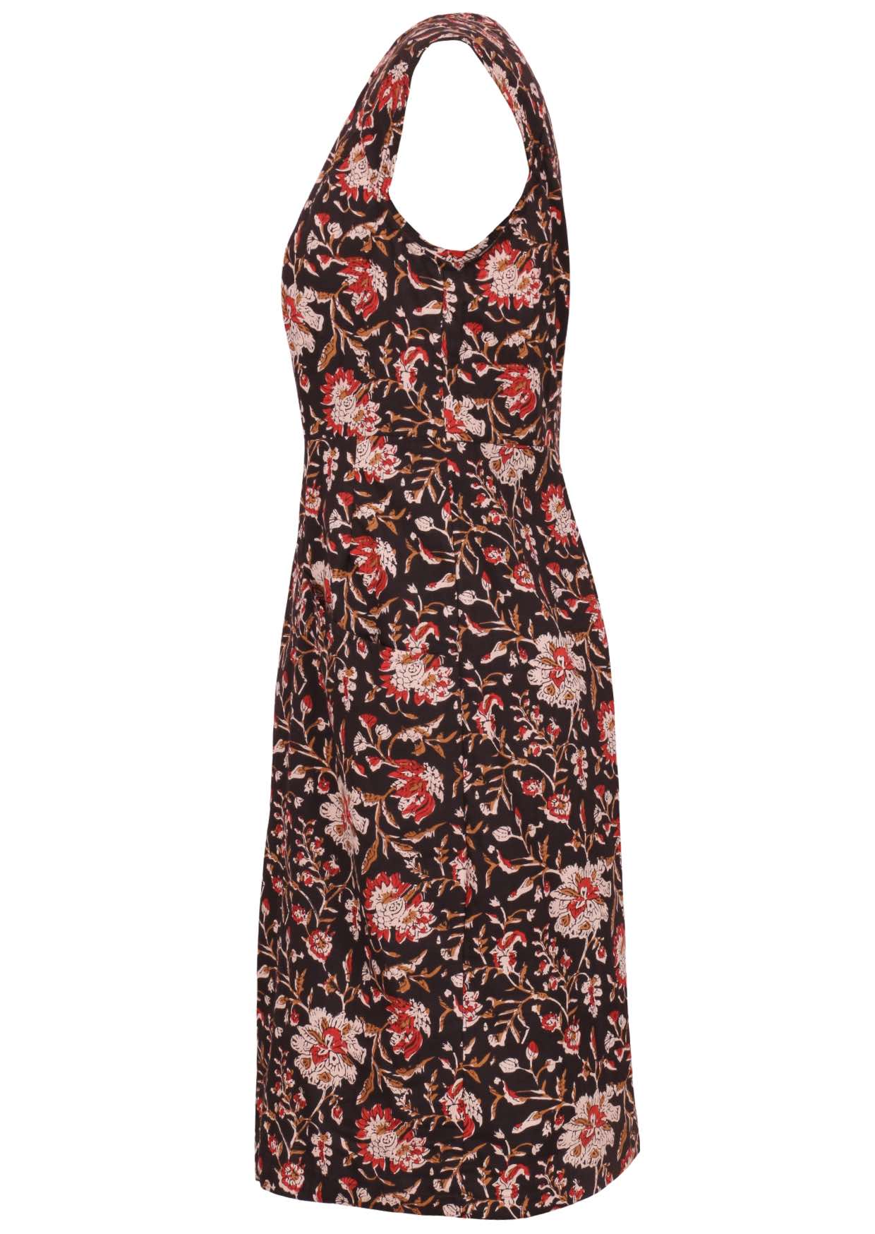 Black based traditional Indian floral print cotton dress with cap sleeves.