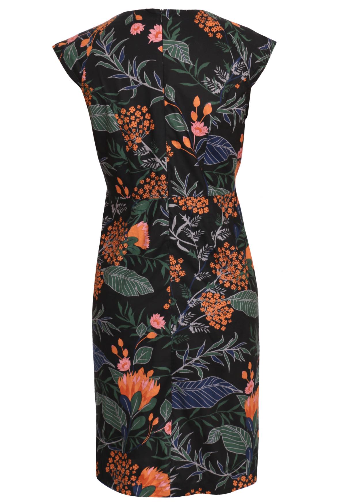 Back view of knee length black floral cotton dress with raglan cap sleeves, pockets and hidden back zip