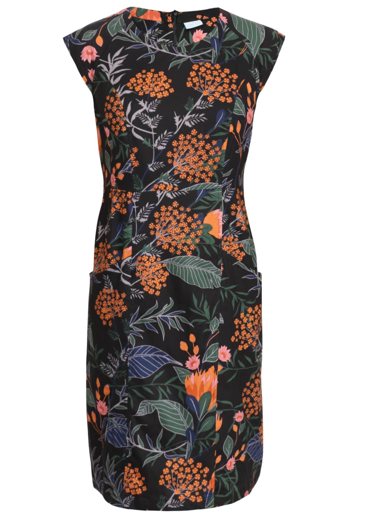 100% cotton knee length dress with slight  a- skirt, raglan cap sleeves, pockets and high round neckline