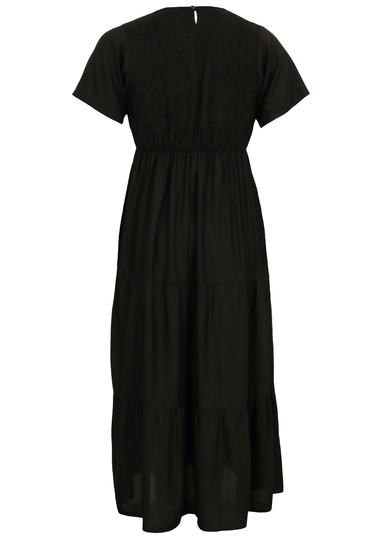 Black rayon maxi dress with short sleeves, a shirred back to the bodice, and a tiered skirt