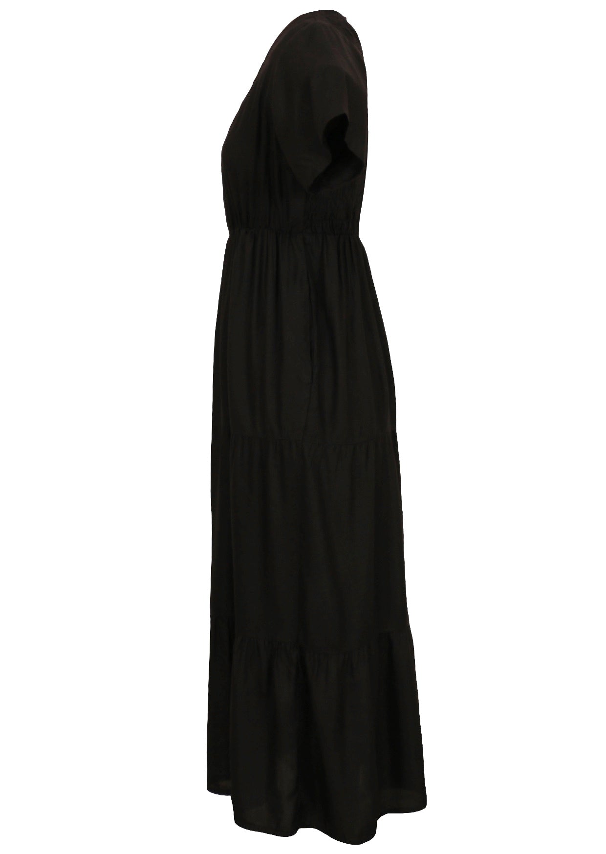 Black rayon maxi dress with short sleeves,  a tiered skirt, and hidden side pockets