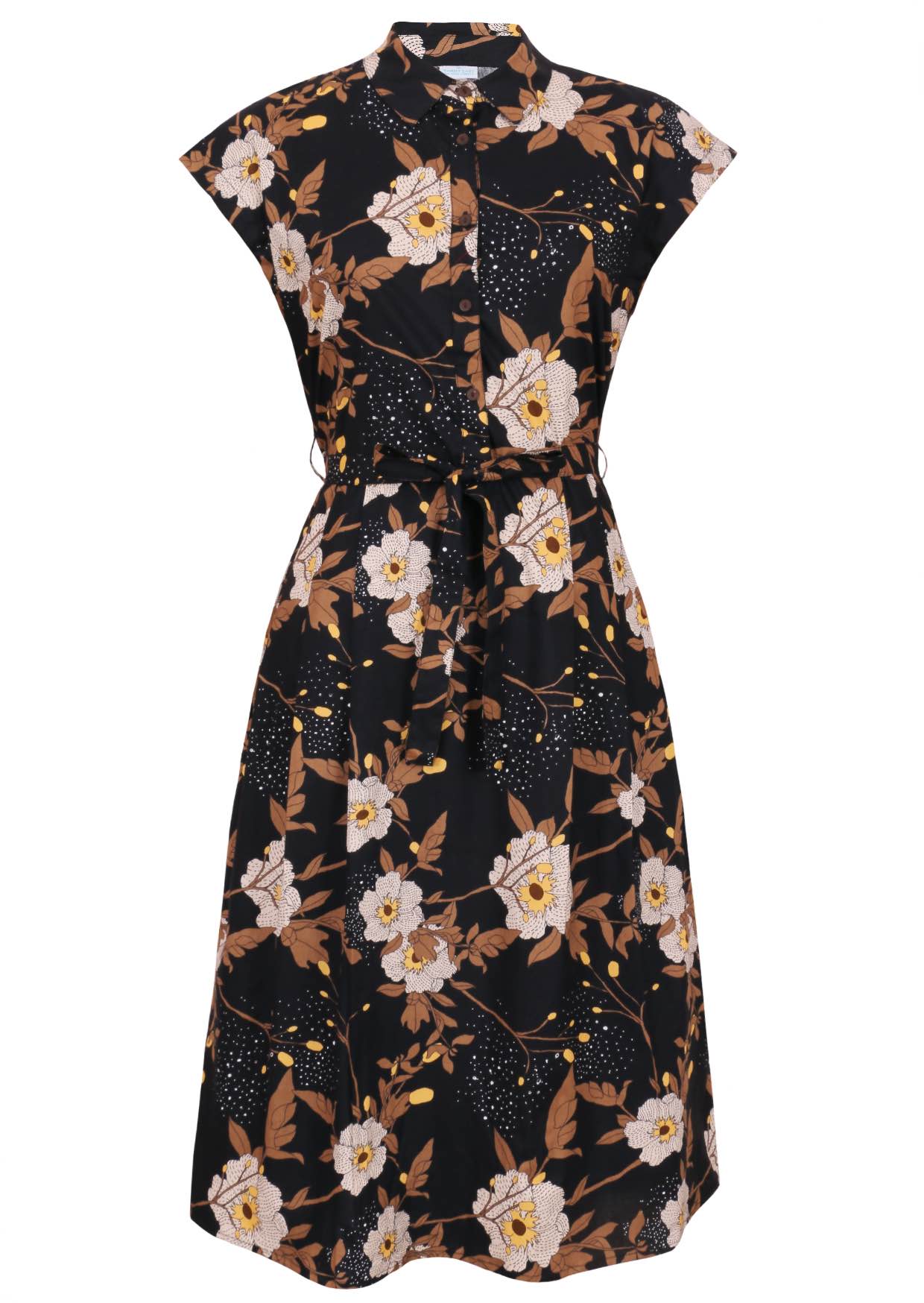 Black based floral print cotton dress with removable waist tie.