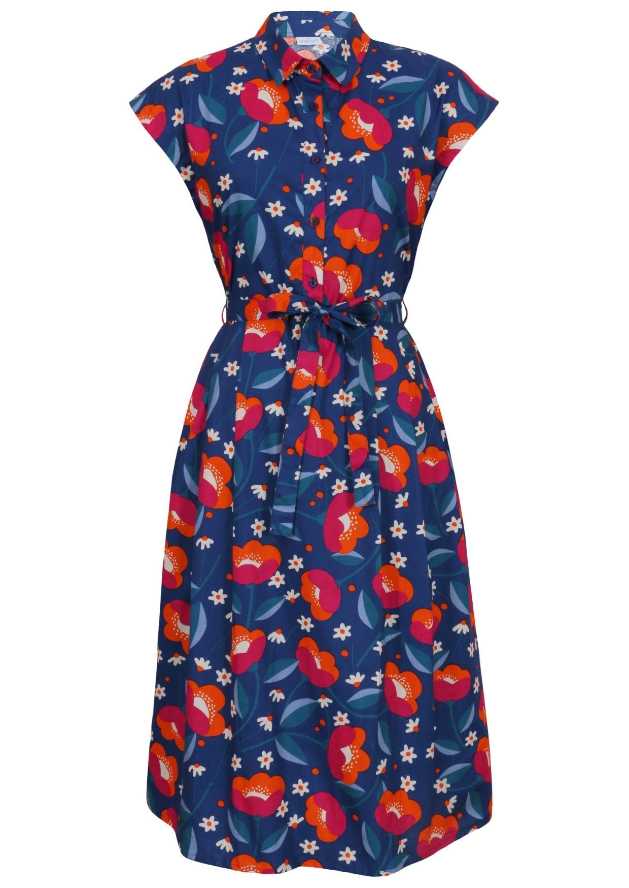 Navy based floral print cotton dress with removable waist tie.