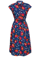 Navy based floral print cotton dress with removable waist tie.