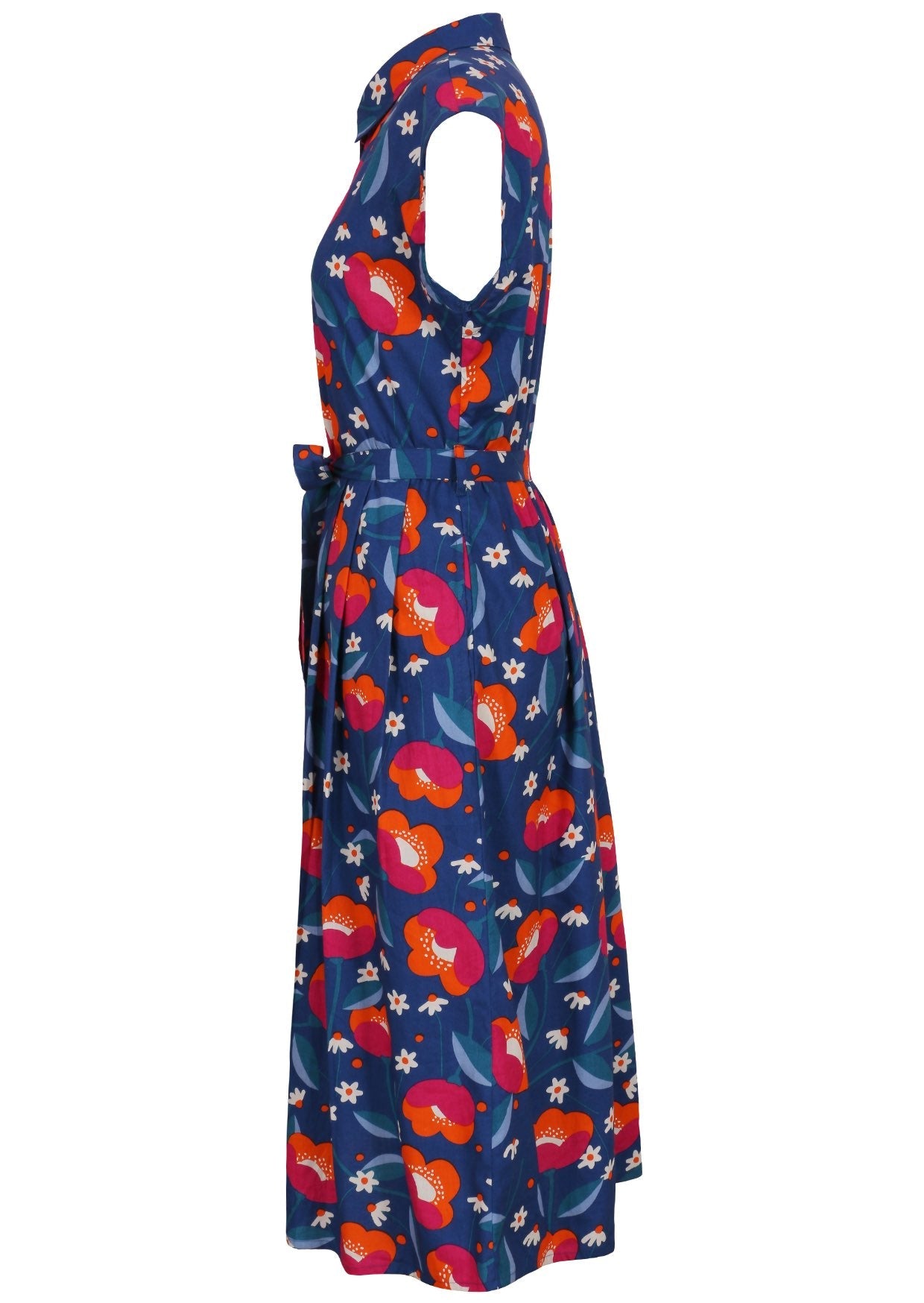 Side view of navy based floral print cotton dress with pockets.