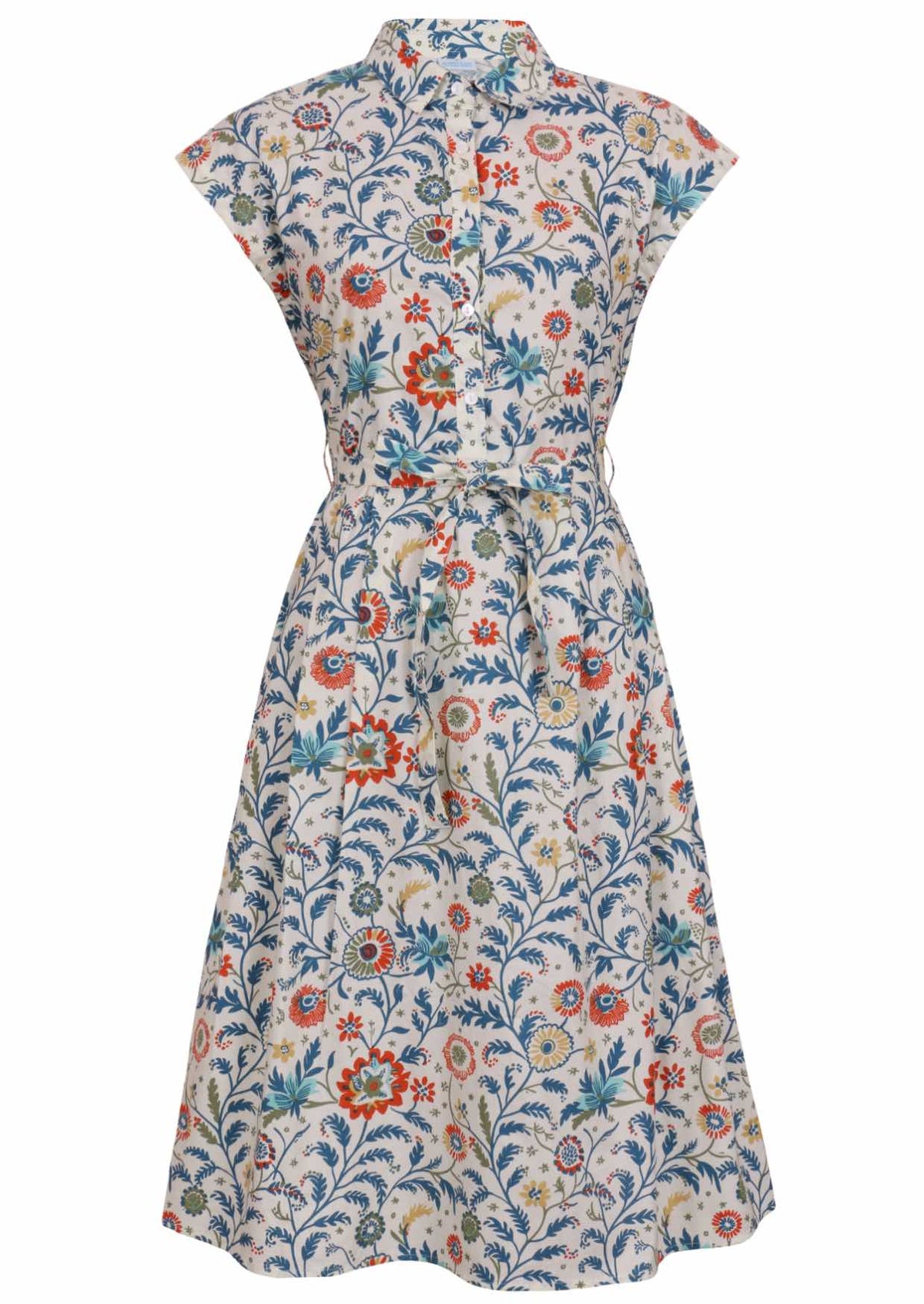 White based floral print cotton dress with removable waist tie.