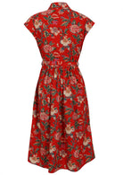 Back view of red based floral print cotton cap sleeves dress.